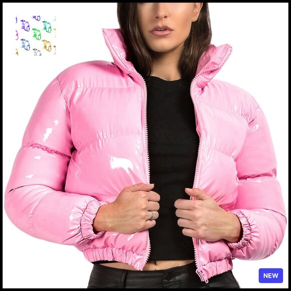 Jackets & Blazers - Cropped Puffer Jacket Shiny Zip Up Winter Coat Chic Y2K Style